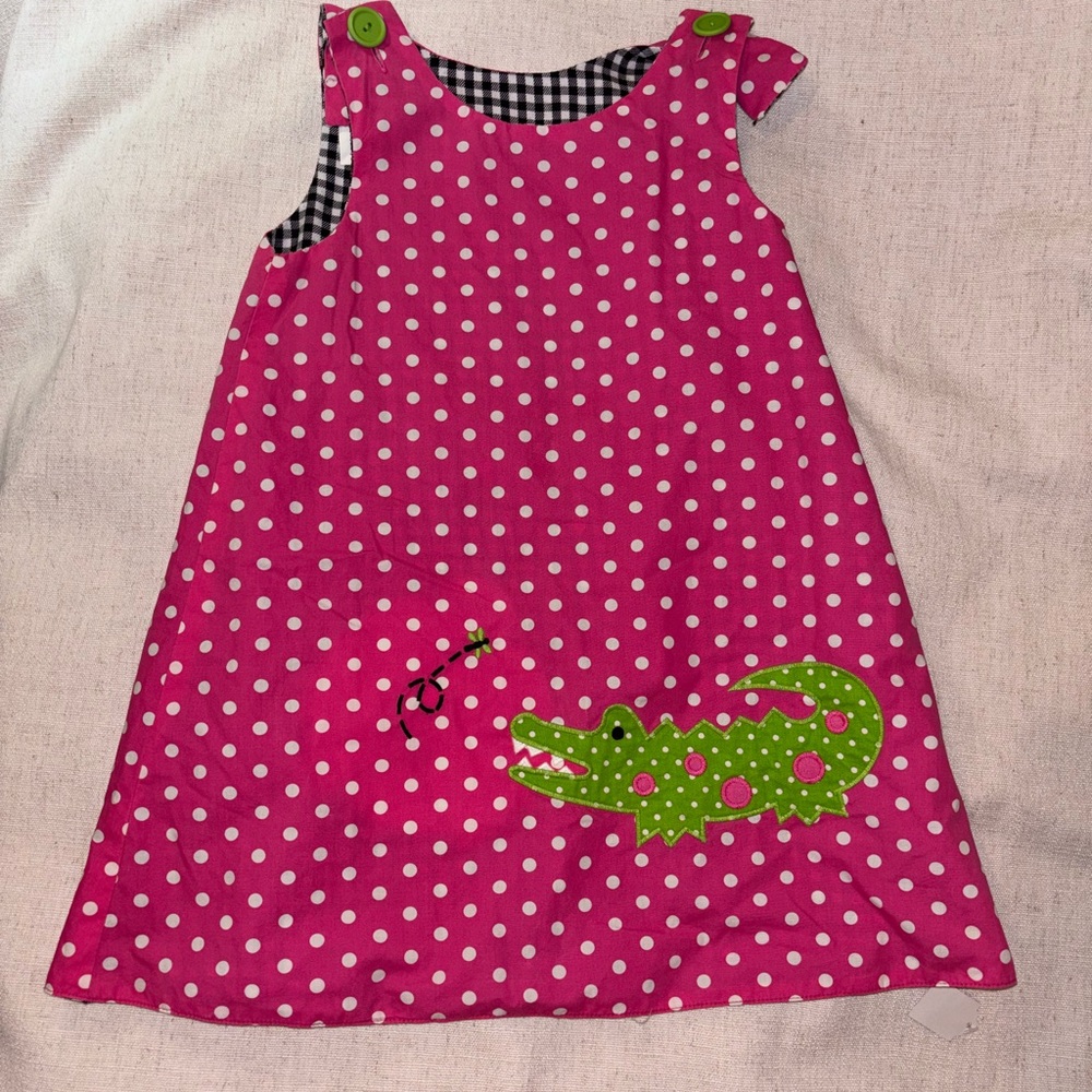 REVERSIBLE! Pink Polka Dot Dress with Green Alligator Appliqué / Black checkered